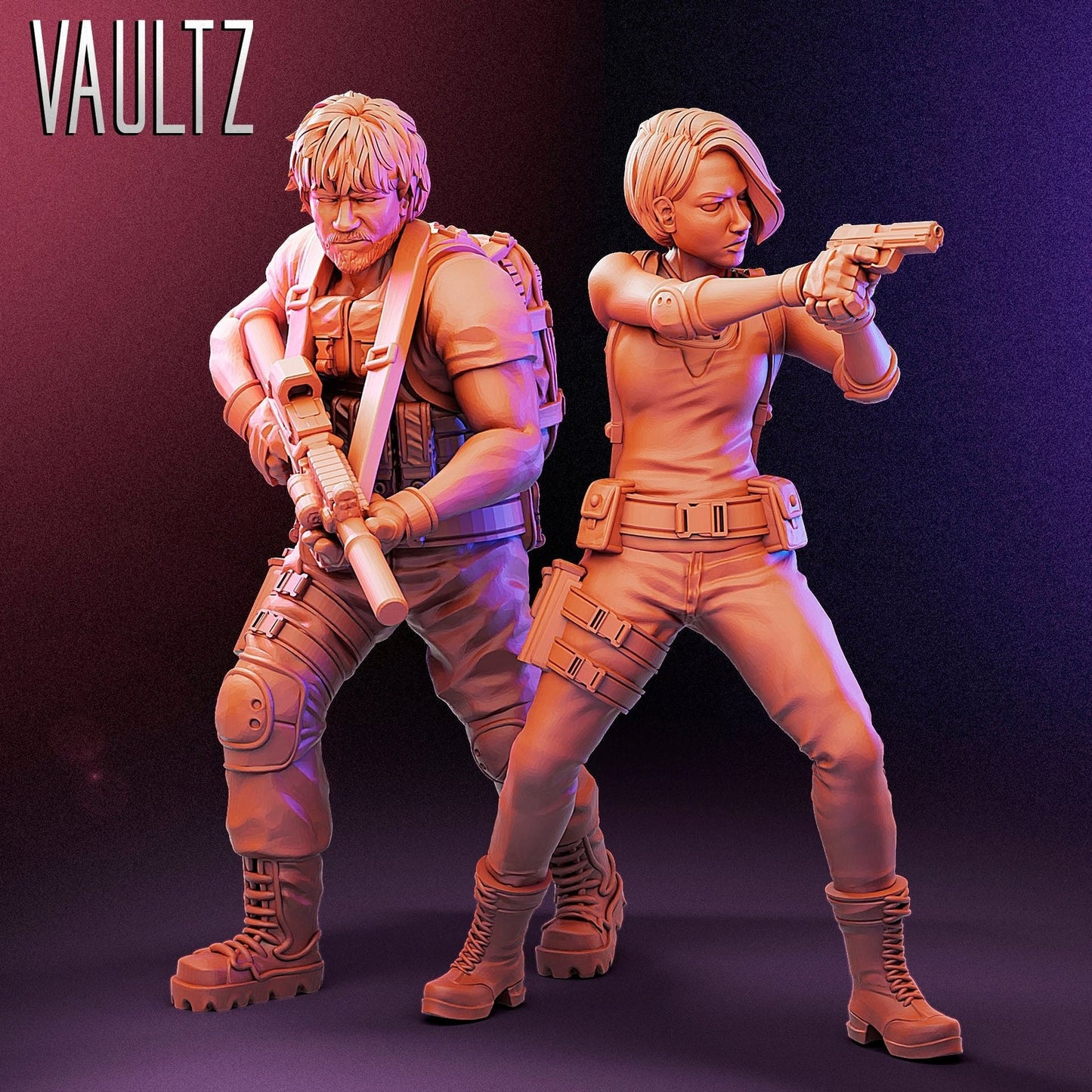 Survivor Jill and Carlos | 28mm - 100mm Scale Resin Mini | Zombicide | Vaultz