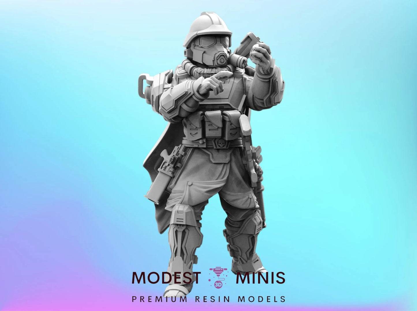A 3D model of a soldier in a gas mask, holding a weapon, standing against a blue background.
