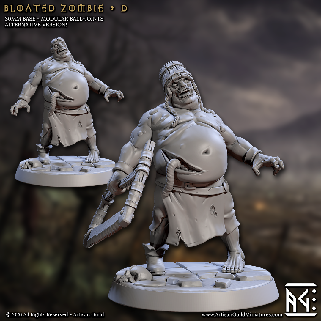 two 3D models of a zombie character, one standing and one kneeling, both holding weapons. The zombie is wearing a hat and has a large belly. The background of the image is blurred, making it difficult to discern any additional details.