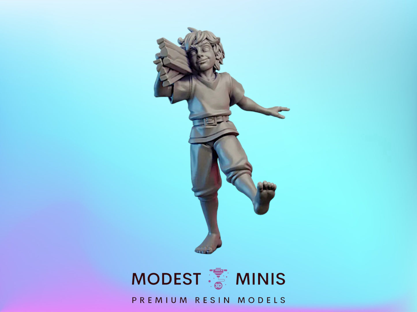 A statue of a young boy carrying a bundle on his shoulder, set against a blue gradient background.