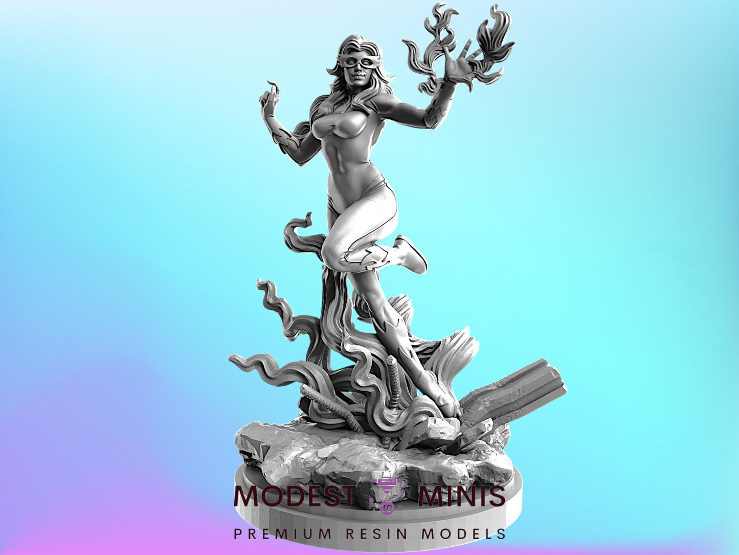 A statue of a woman with a flowing, ethereal figure in her hands, set against a blue background.
