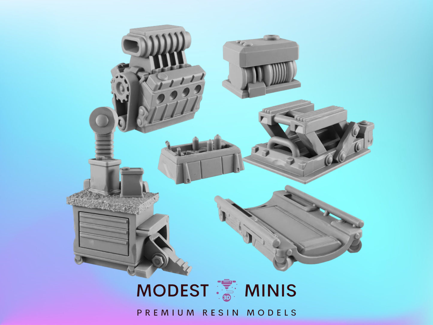 8pc Mechanics Shop Set | 28mm - 54mm Scale | Survivor Terrain | Fantasy Scatter | Sci Fi Terrain | EC3D Badlands