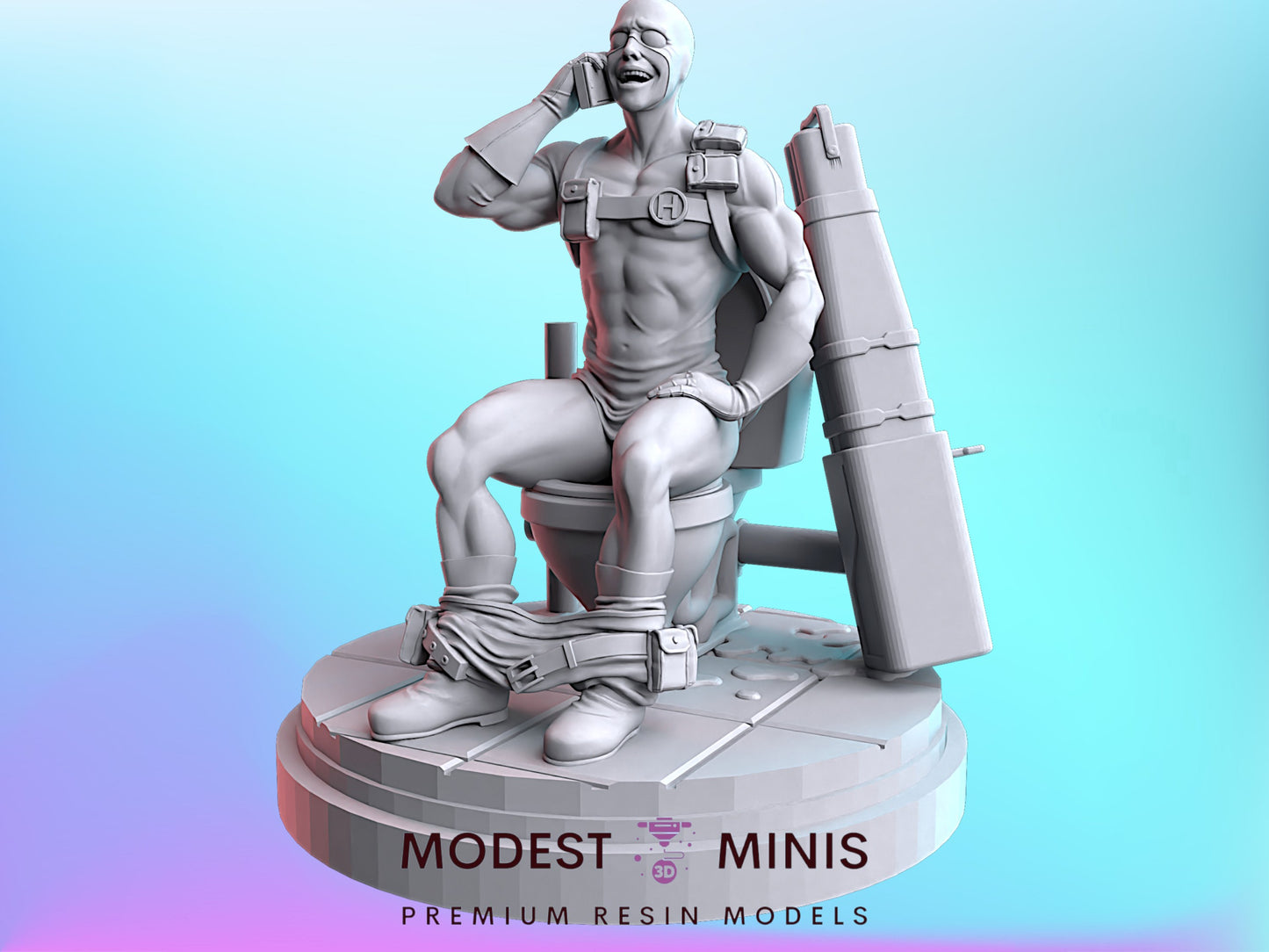 A 3D model of a muscular man sitting on a toilet, holding a phone to his ear, with a large object next to him.