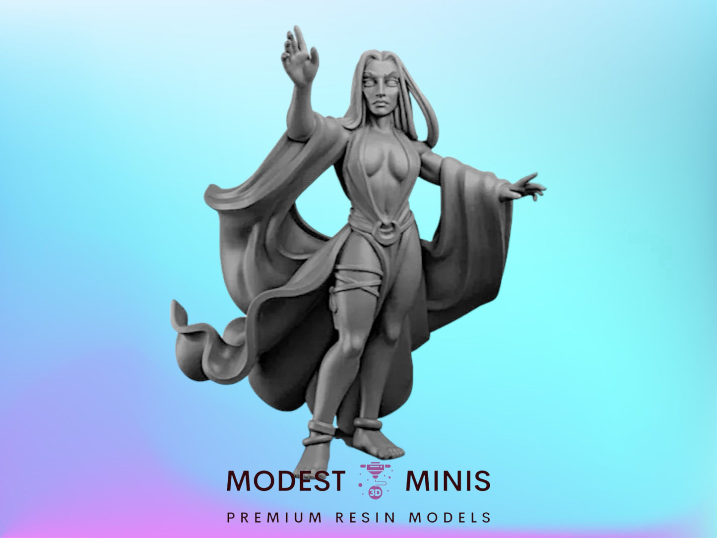 A statue of a woman with long hair and flowing robes, standing with her arms raised, against a blue background.