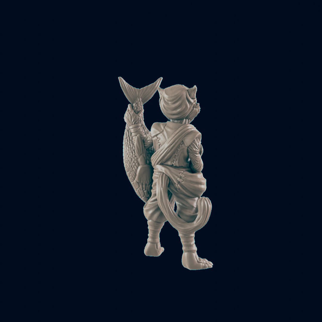 NPC Catfolk Fisherman - 25mm - 75mm Scale | DnD | EC3D Fantasy Mini | Townsfolk