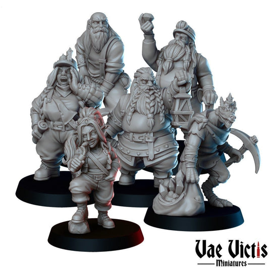 6pc Dwarf Miners Set | 28mm - 75mm Scale | DnD Frostgrave Mini | Vae Victis Fantasy