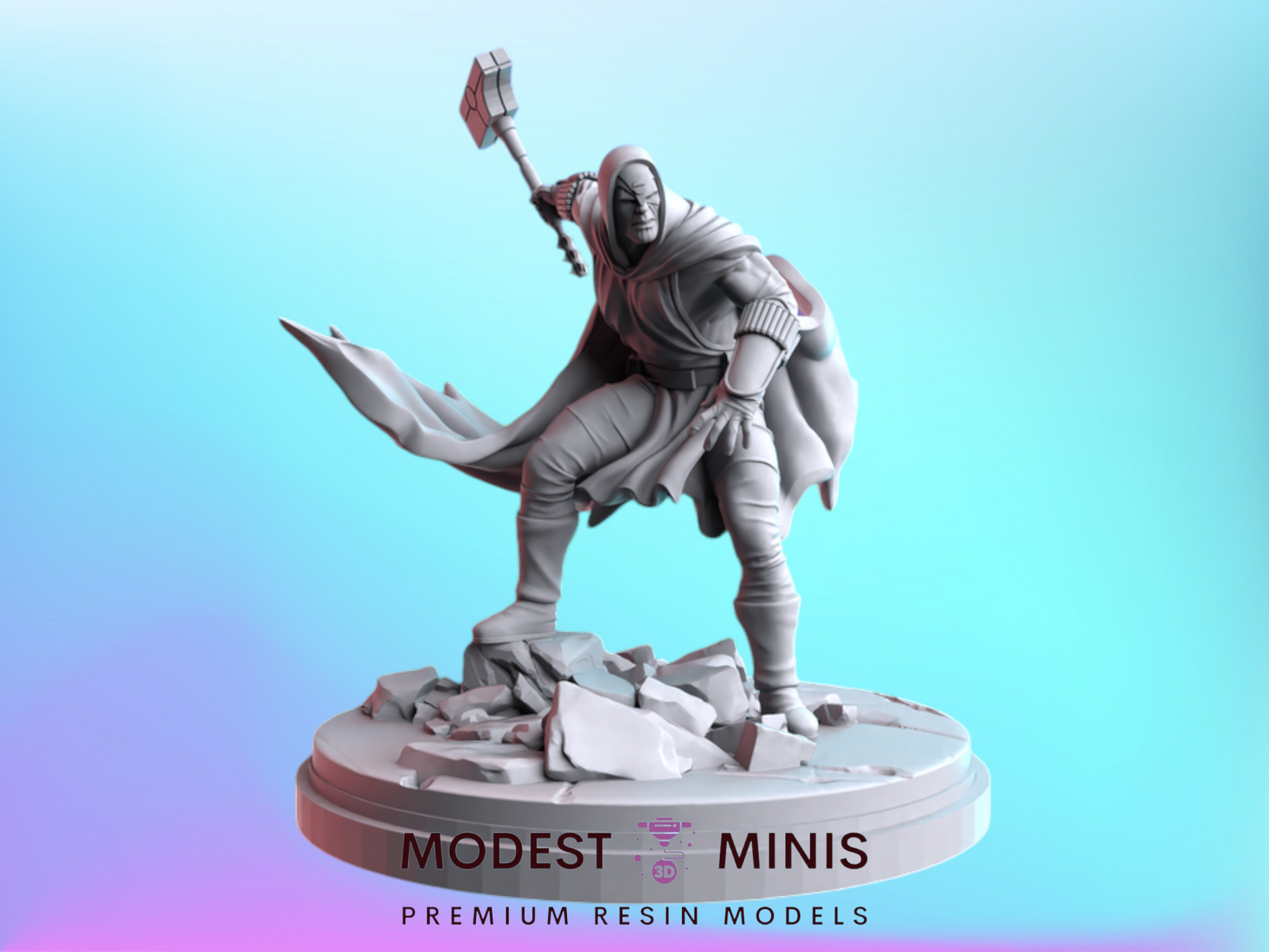 A 3D model of a character holding a weapon, standing on a platform with a blue background.