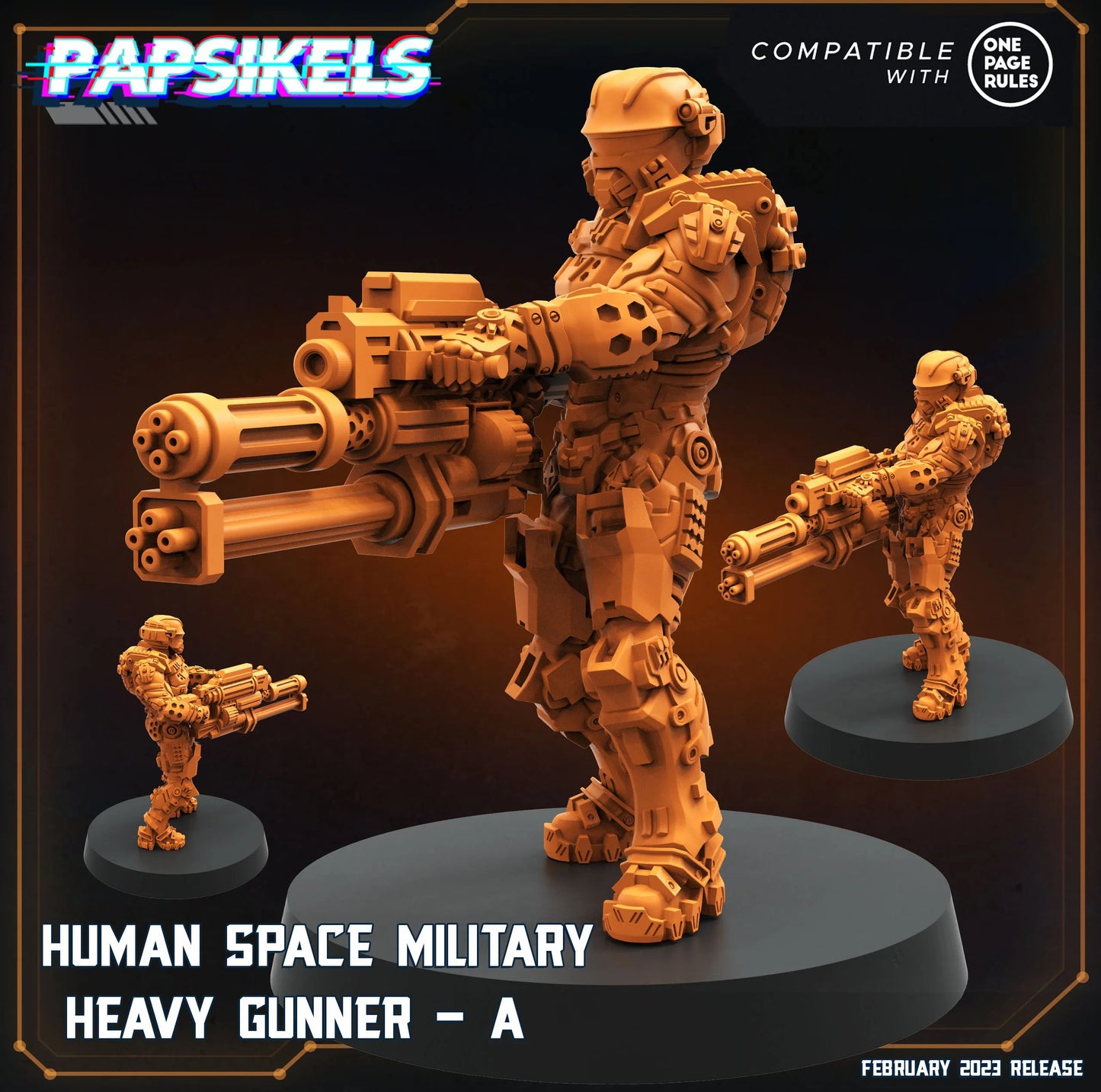 The image is a promotional poster for a video game called "Human Space Military" featuring a character in a heavy gunner role.