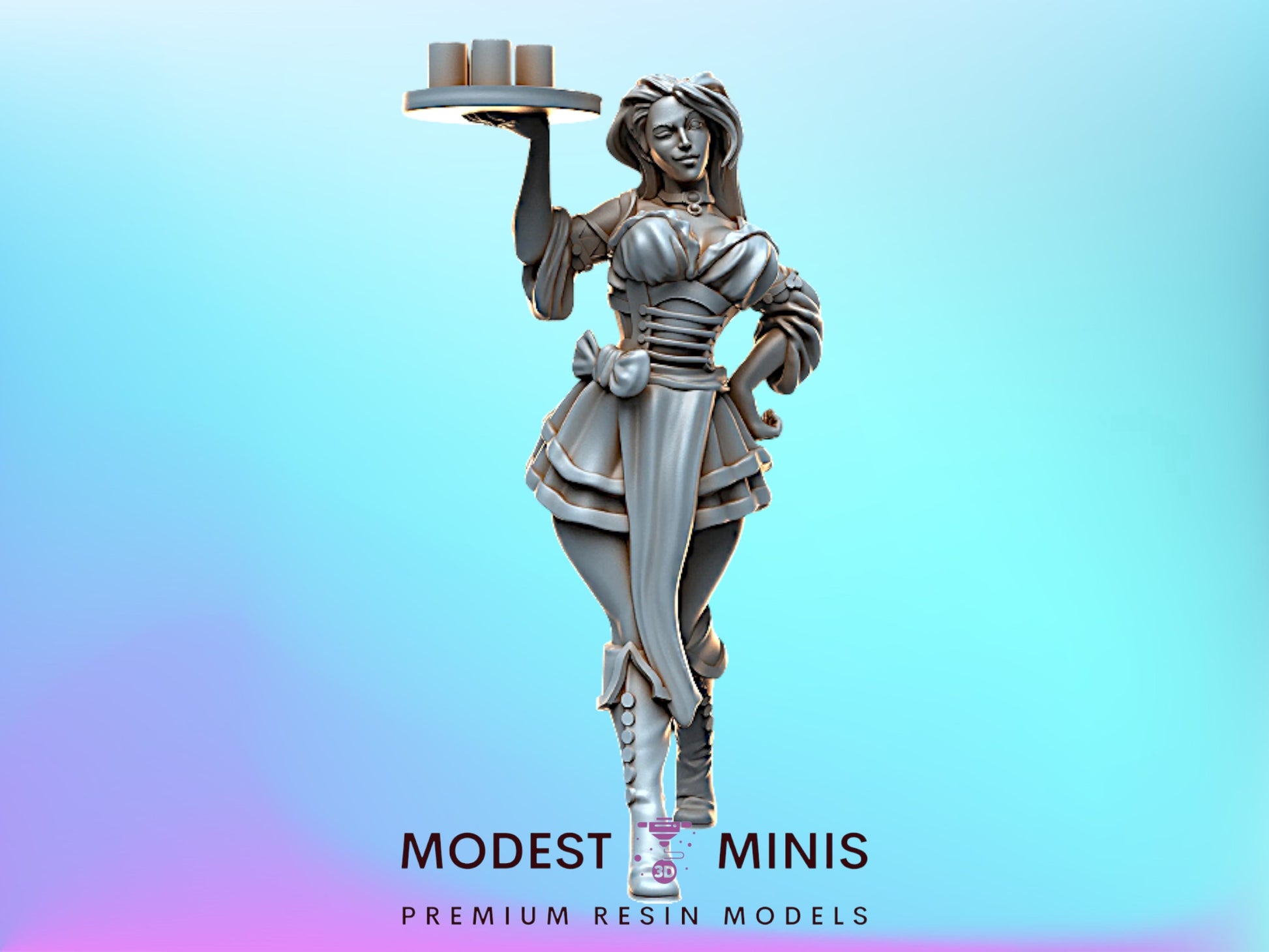 A 3D model of a female character, possibly a maid or server, holding a tray and standing against a blue background.