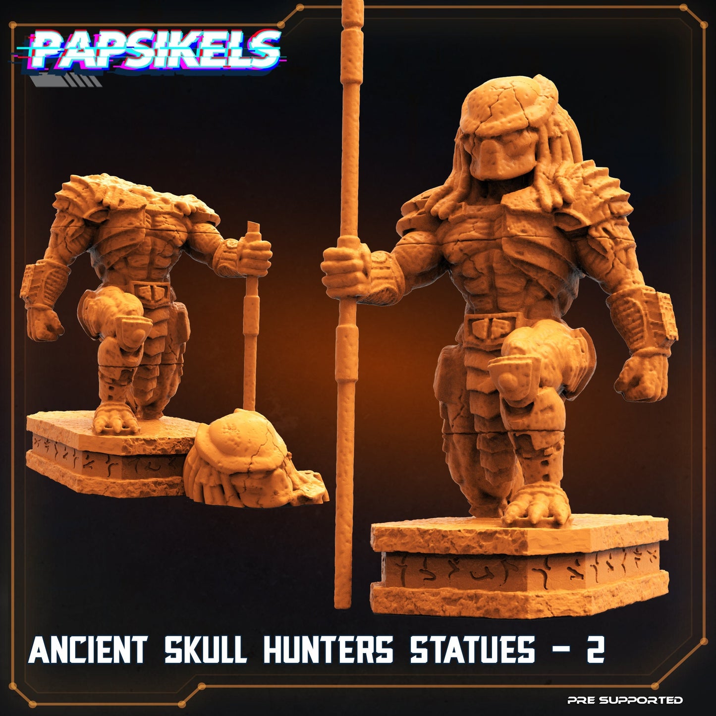 Ancient Skull Hunter Statues - 32mm Scale Alien Miniature | RPG | Sci fi | Cyberpunk | Role Playing | DnD | Papsikel