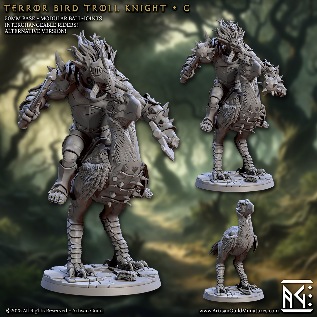 The image is a 3D rendering of a detailed fantasy character, specifically a Terror Bird Troll Knight. The character is shown in various poses, including standing on a base and riding a bird-like creature. The image is a collage of three different views of the character, showcasing its intricate design and unique features.