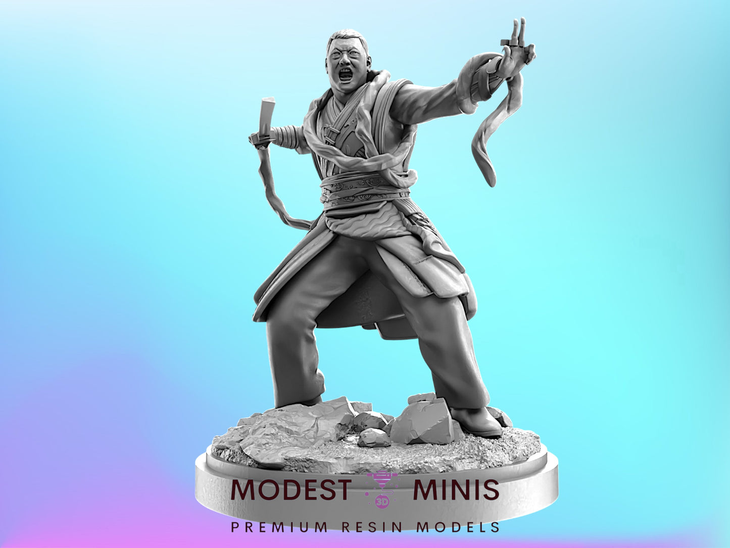 A statue of a man in a fighting stance, holding a weapon and appearing to be in a dramatic pose.