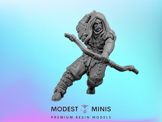 A detailed, dark-colored figurine of a warrior wielding a weapon, set against a gradient background.