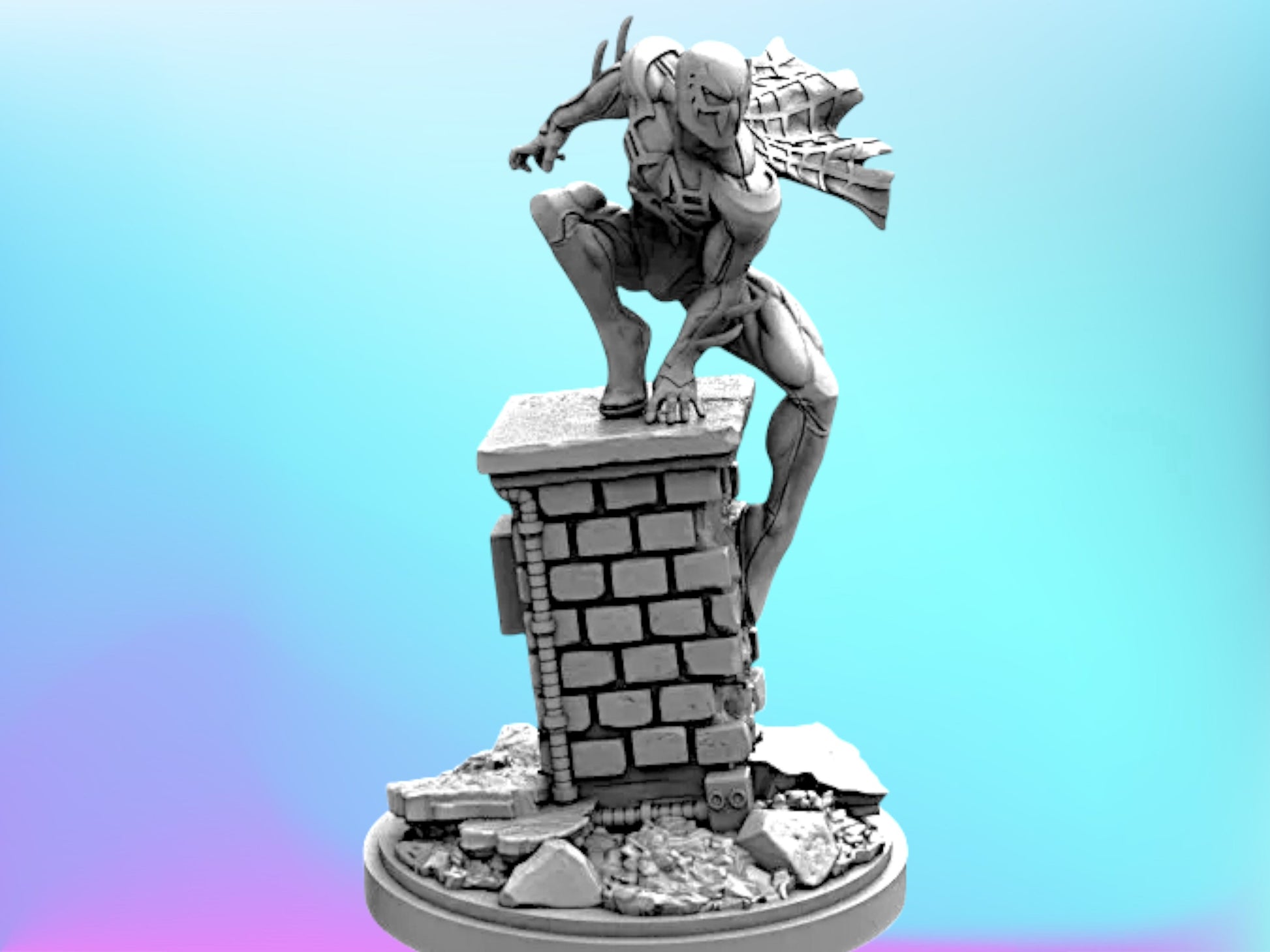 A 3D model of a superhero figure, likely Spider-Man, standing on a brick pedestal and holding a web-like object in their hand.