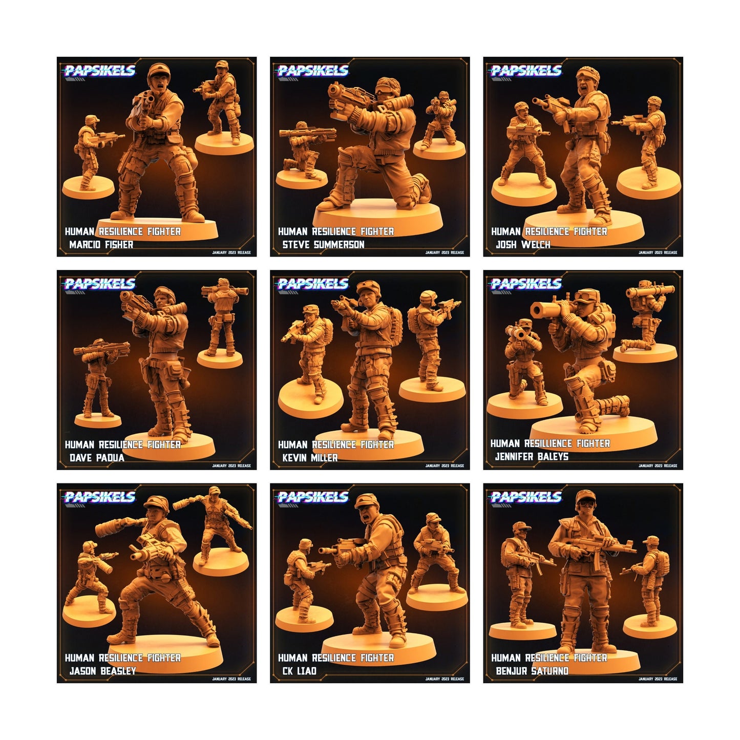 9pc Resilience Fighters Set Jan - 32mm Scale Resistence | RPG | Sci fi | Cyberpunk | Role Playing | DnD | Papsikel
