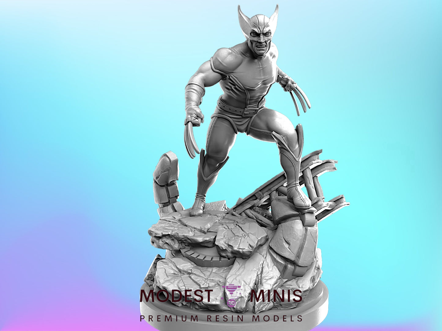 A 3D model of a superhero character, specifically a Wolverine, standing on a rocky platform and appearing ready for action.