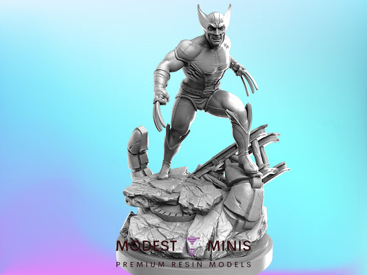 A 3D model of a superhero character, specifically a Wolverine, standing on a rocky platform and appearing ready for action.