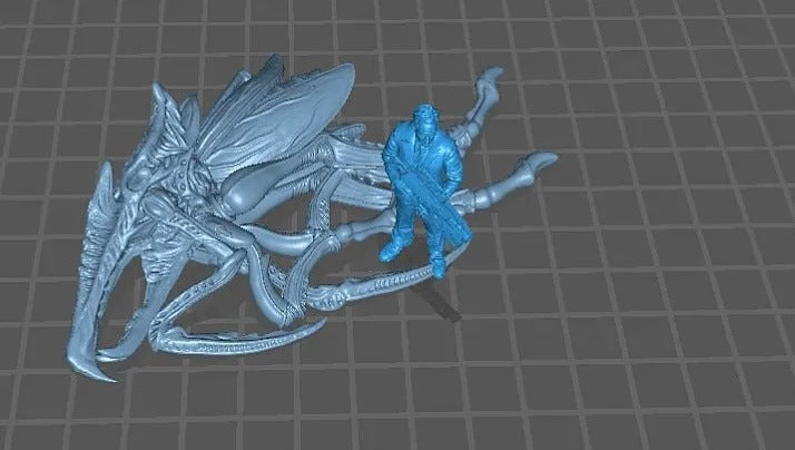 A 3D rendering of a blue metallic creature resembling a dragon or parasite, with a small human figure standing on top of it.