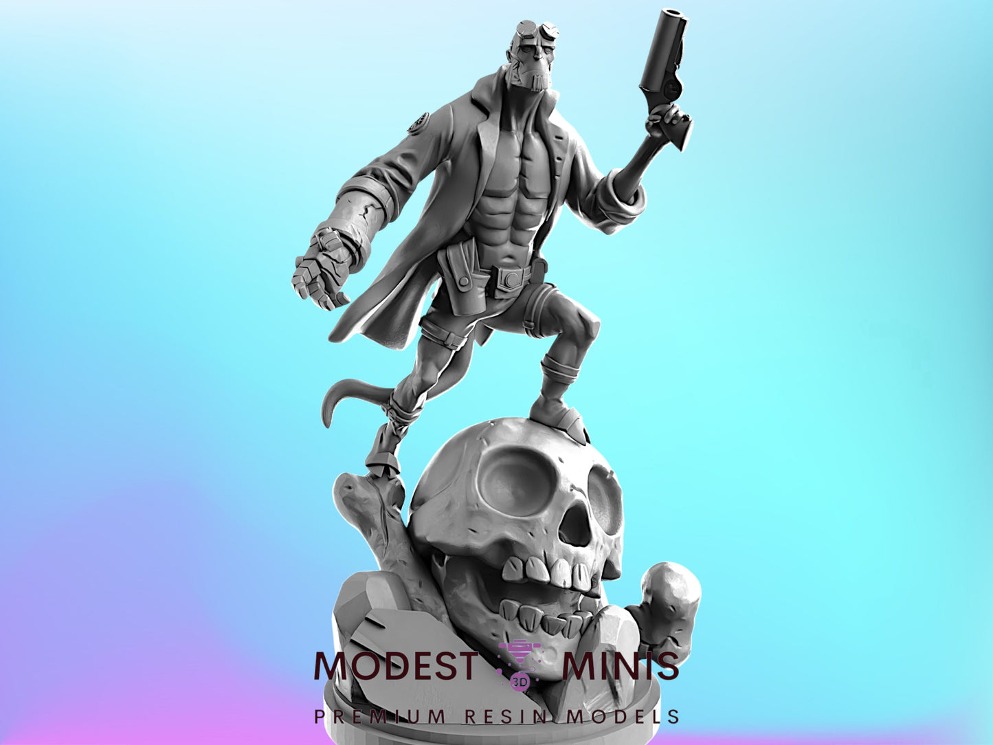 A 3D model of a character in a fighting stance, holding a gun and standing on a skull.