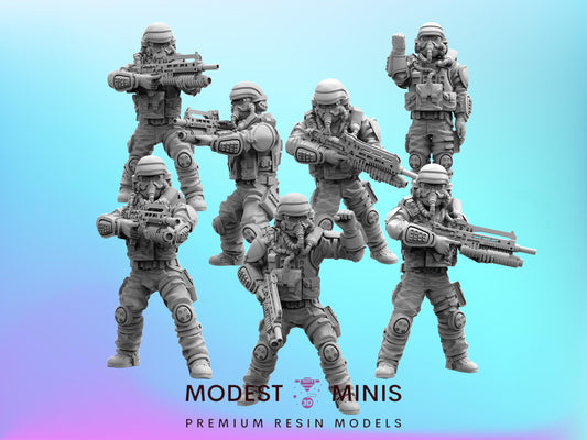 7pc Democracy Trooper Hell Dutiful - 32mm Scale Cyberpunk Miniature | RPG | Sci fi | AvP | Role Playing | DnD | Papsikel