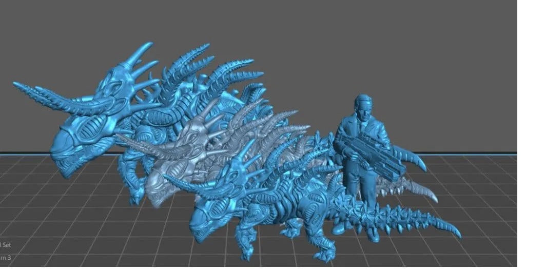 A 3D rendering of a group of blue, metallic-looking creatures with sharp teeth and claws, along with a human figure holding a large weapon.