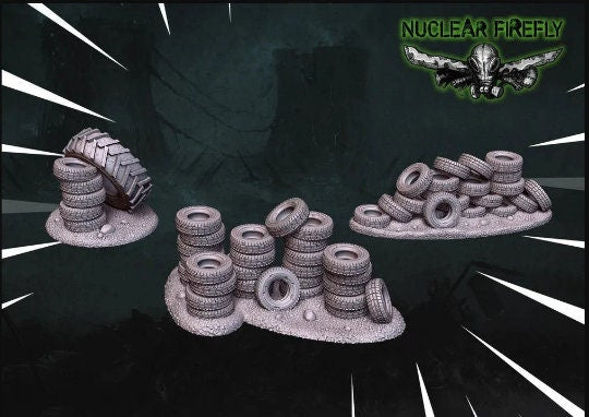 Tire Obstacle Terrain | 28mm - 54mm Scale | Wasteland | Survivor Terrain | Fantasy Scatter | Sci Fi Terrain | Nuclear Firefly