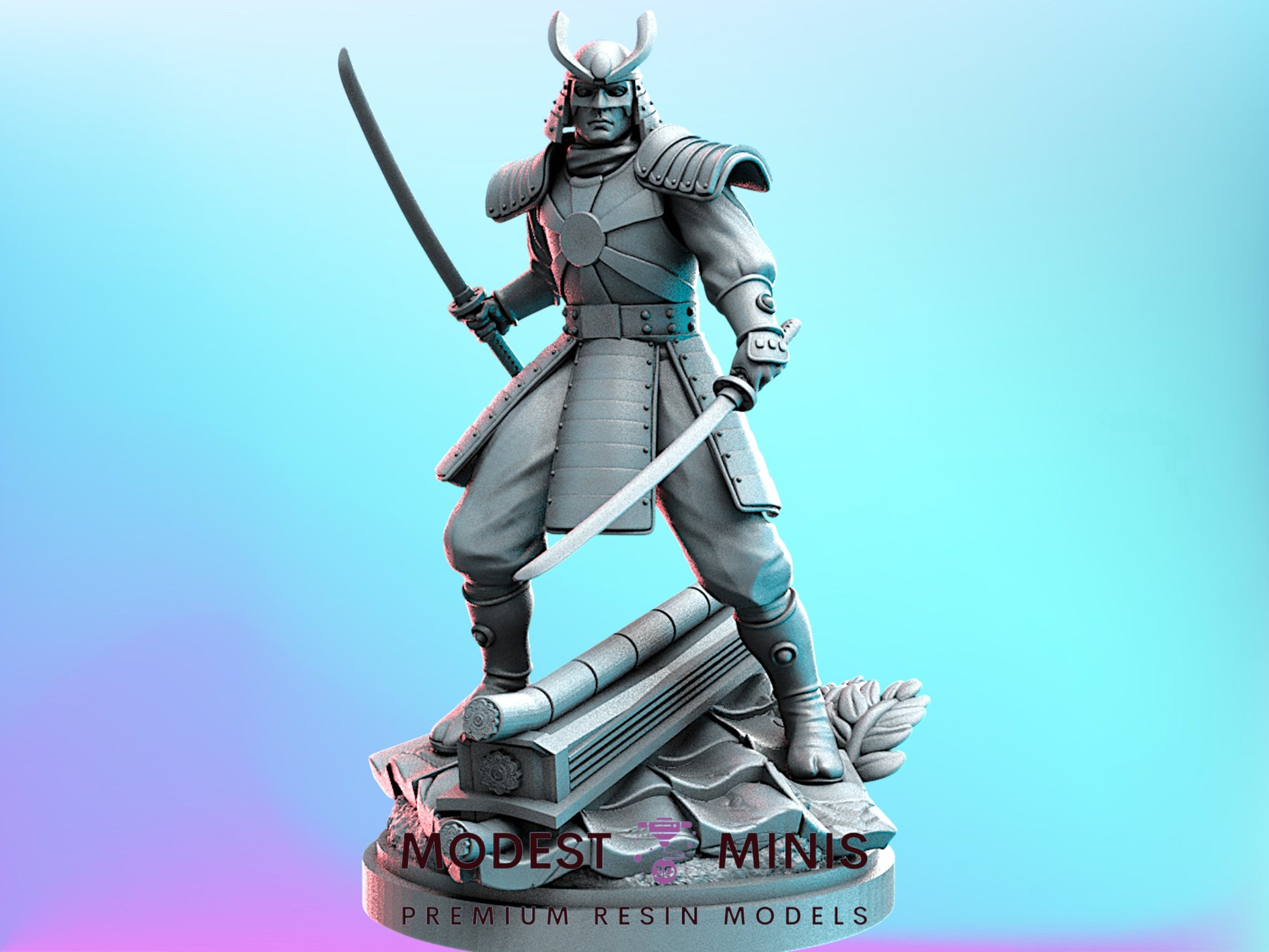 A statue of a warrior figure holding a sword and shield, standing on a pedestal with the text "MODEST MINIS PREMIUM RESIN MODELS" below it.