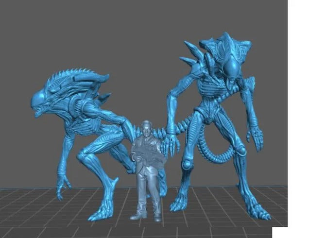 a 3D rendering of two alien creatures and a human figure, all rendered in a blue color scheme.