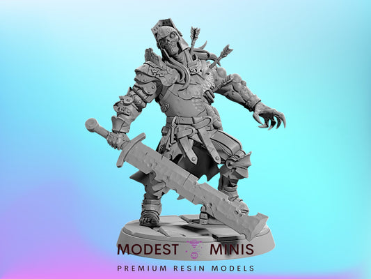A detailed 3D model of a warrior figure, wearing armor and wielding a sword, set against a blue gradient background.