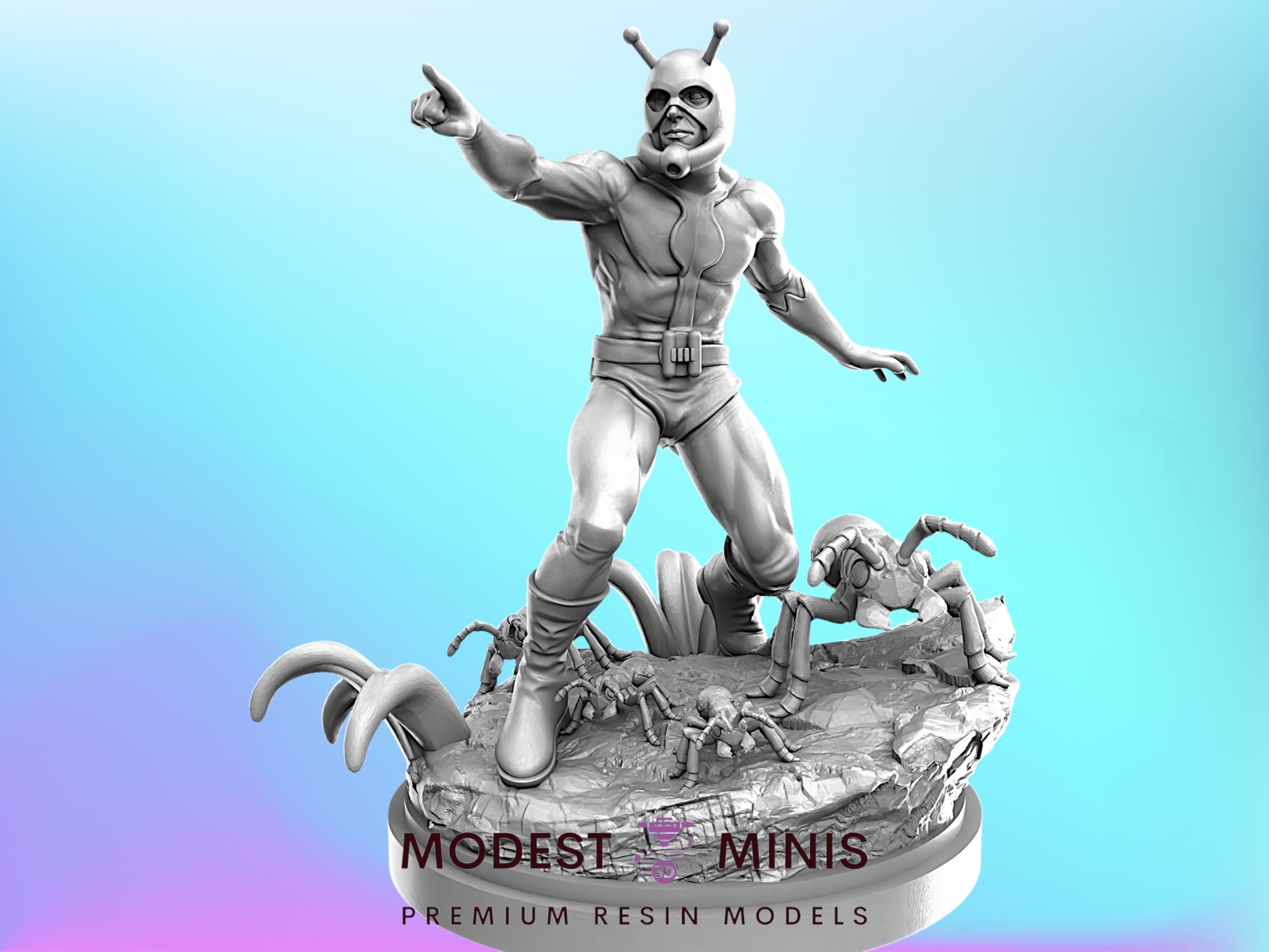 A 3D model of a superhero character, wearing a mask and standing on a rock formation with various insects around it.