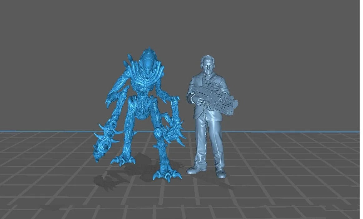 A 3D model of a blue alien-like creature and a human-like figure holding a gun, both standing on a grid-like surface.