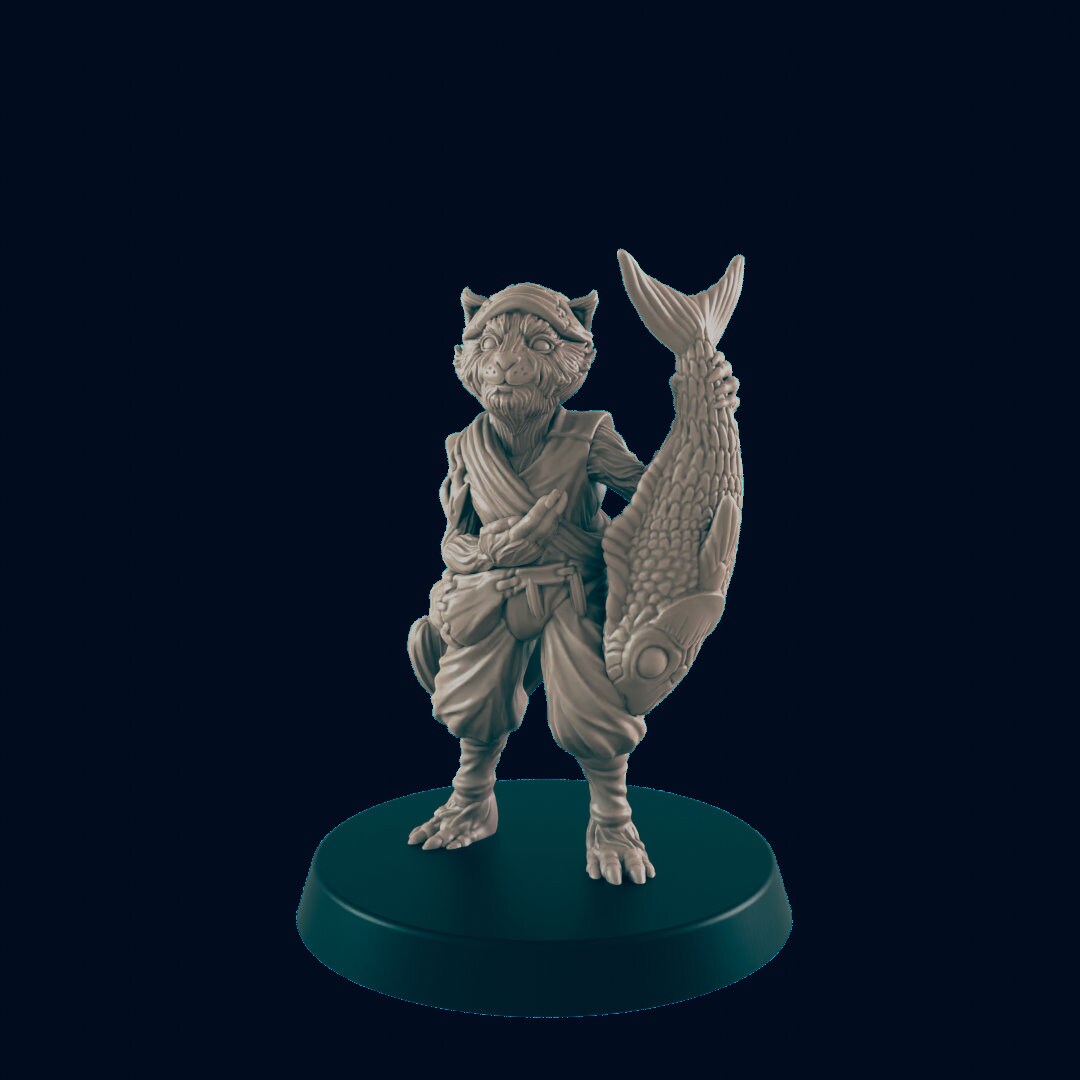 NPC Catfolk Fisherman - 25mm - 75mm Scale | DnD | EC3D Fantasy Mini | Townsfolk