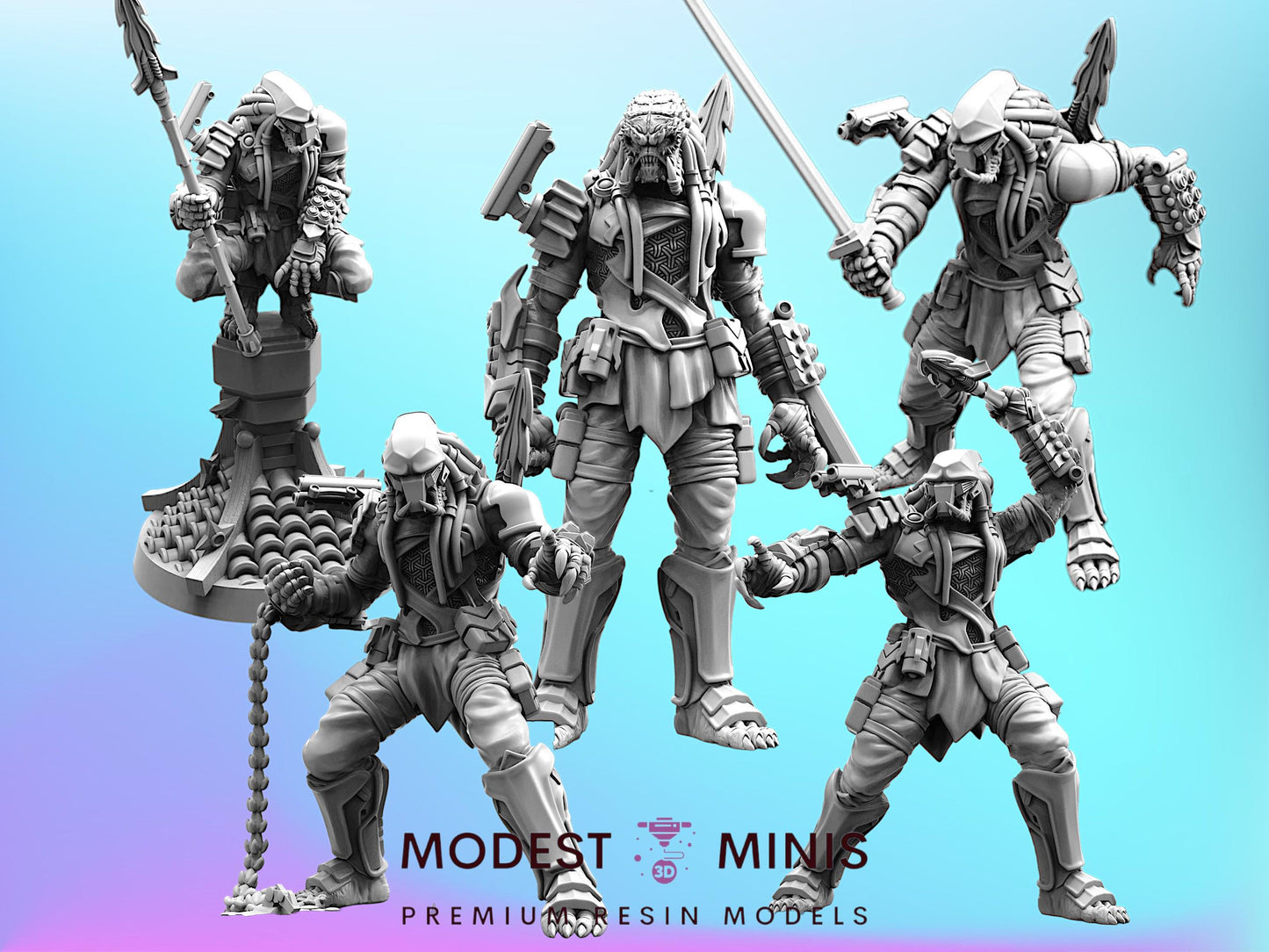 6pc Samurai Killer Skull Hunter Set - Resin 3D Print Alien Miniature | RPG | Sci fi | Cyberpunk | Role Playing | DnD | Papsikel