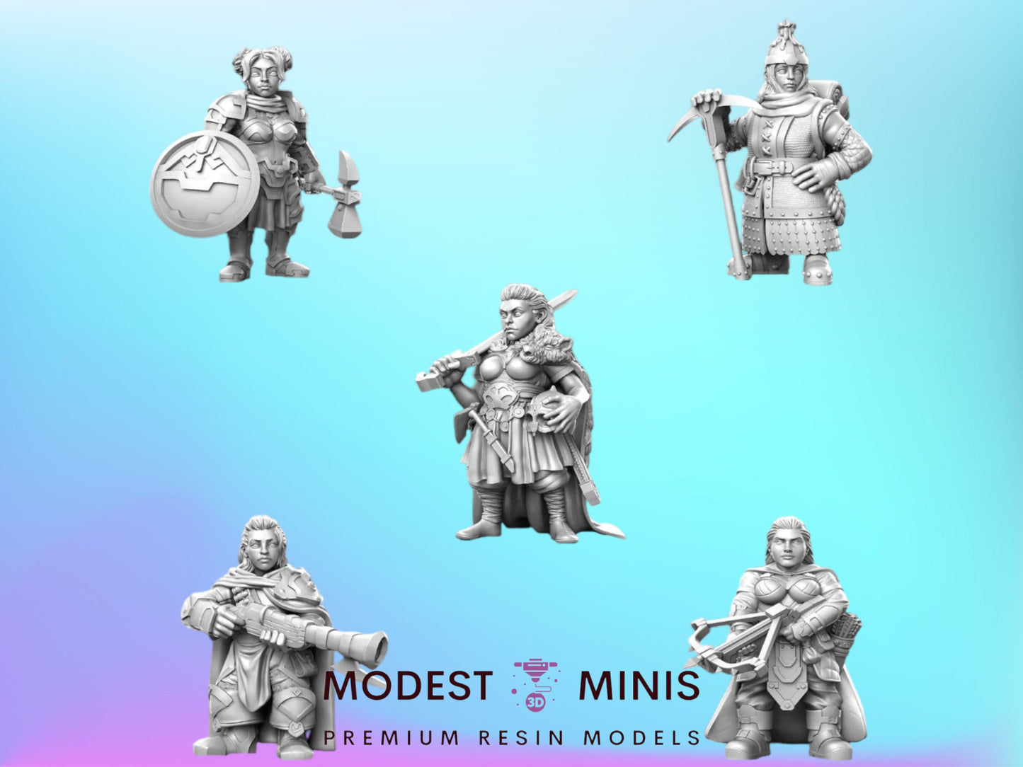 5pc Daughters of Karak Uzril Female Dwarfs - 32mm Scale DnD Miniature | Dungeons and Dragons | JRPG Mini - RN Estudio