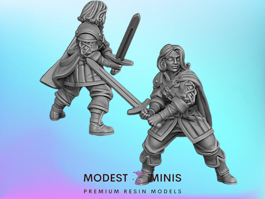 two models of fantasy characters, one standing and one kneeling, both holding swords and wearing armor. The image is a collage of multiple images, and the text below the image reads "MODEST - MINIS - PREMIUM RESIN MODELS".