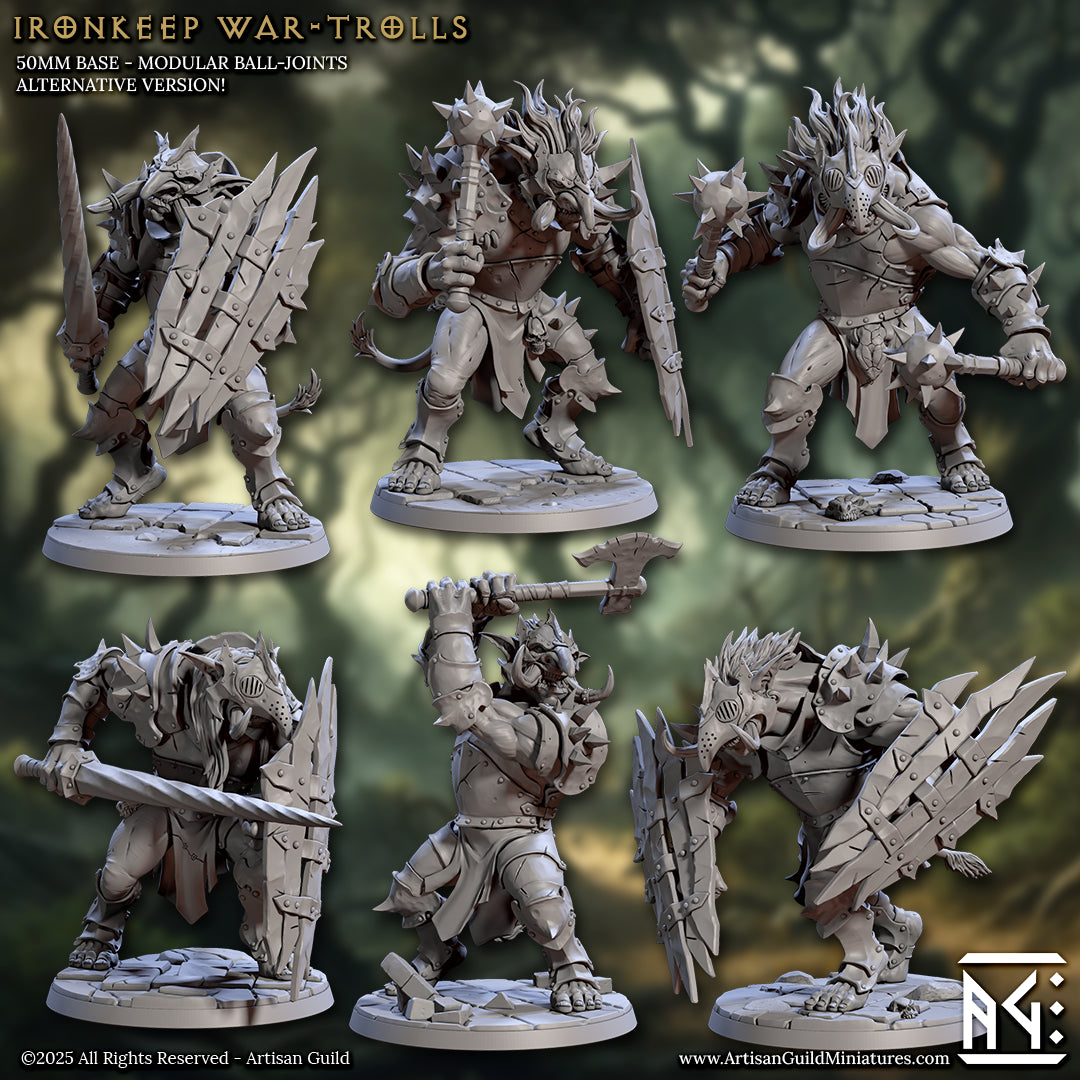 six detailed 3D models of Ironknee War-Trolls, a type of fantasy creature, each with unique armor and weapons. The models are arranged in a grid-like pattern, showcasing the different poses and stances of these fictional creatures.