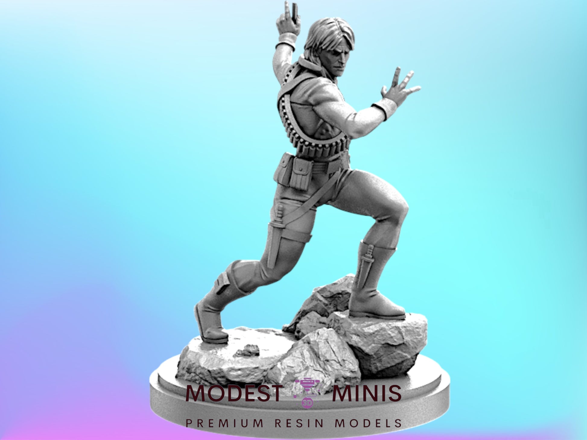 A statue of a man in a fighting stance, with his arms raised and a determined expression on his face, standing on a rock formation.