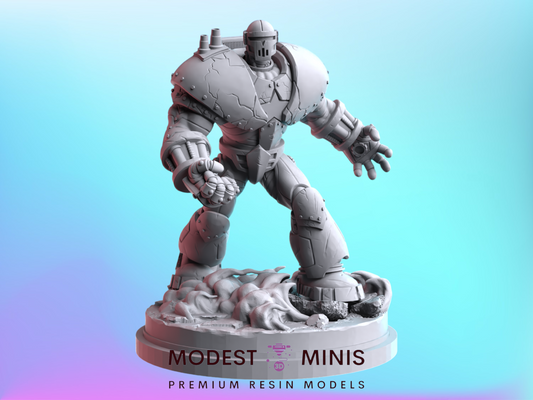 A 3D model of a robot or mechanical figure, with a text overlay that reads "MODEST MINIS PREMIUM RESIN MODELS".