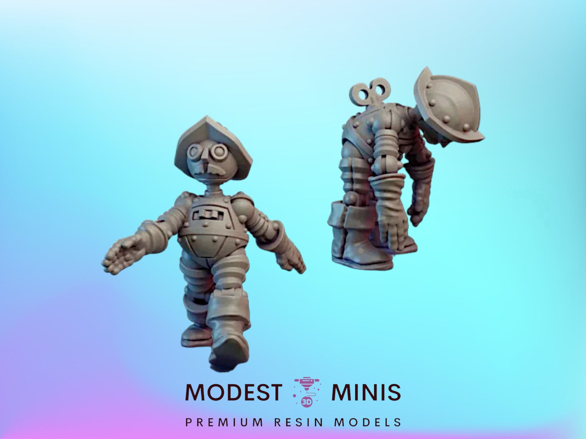 two miniature figurines, one standing and one kneeling, against a blue background.