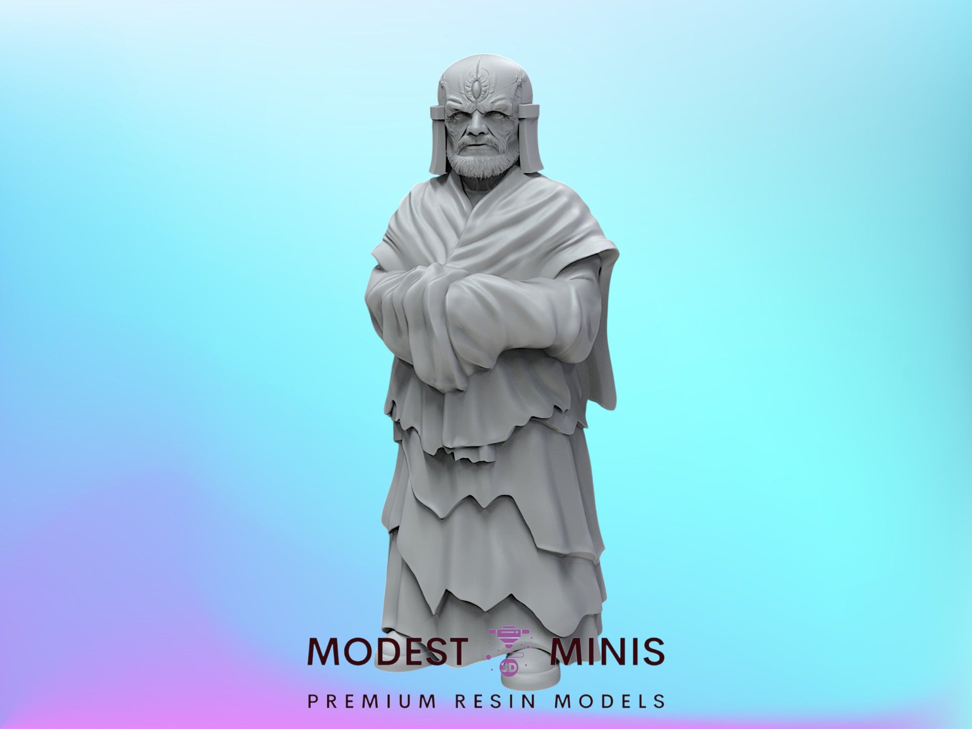 A 3D model of a statue with a stern expression, standing against a blue background.