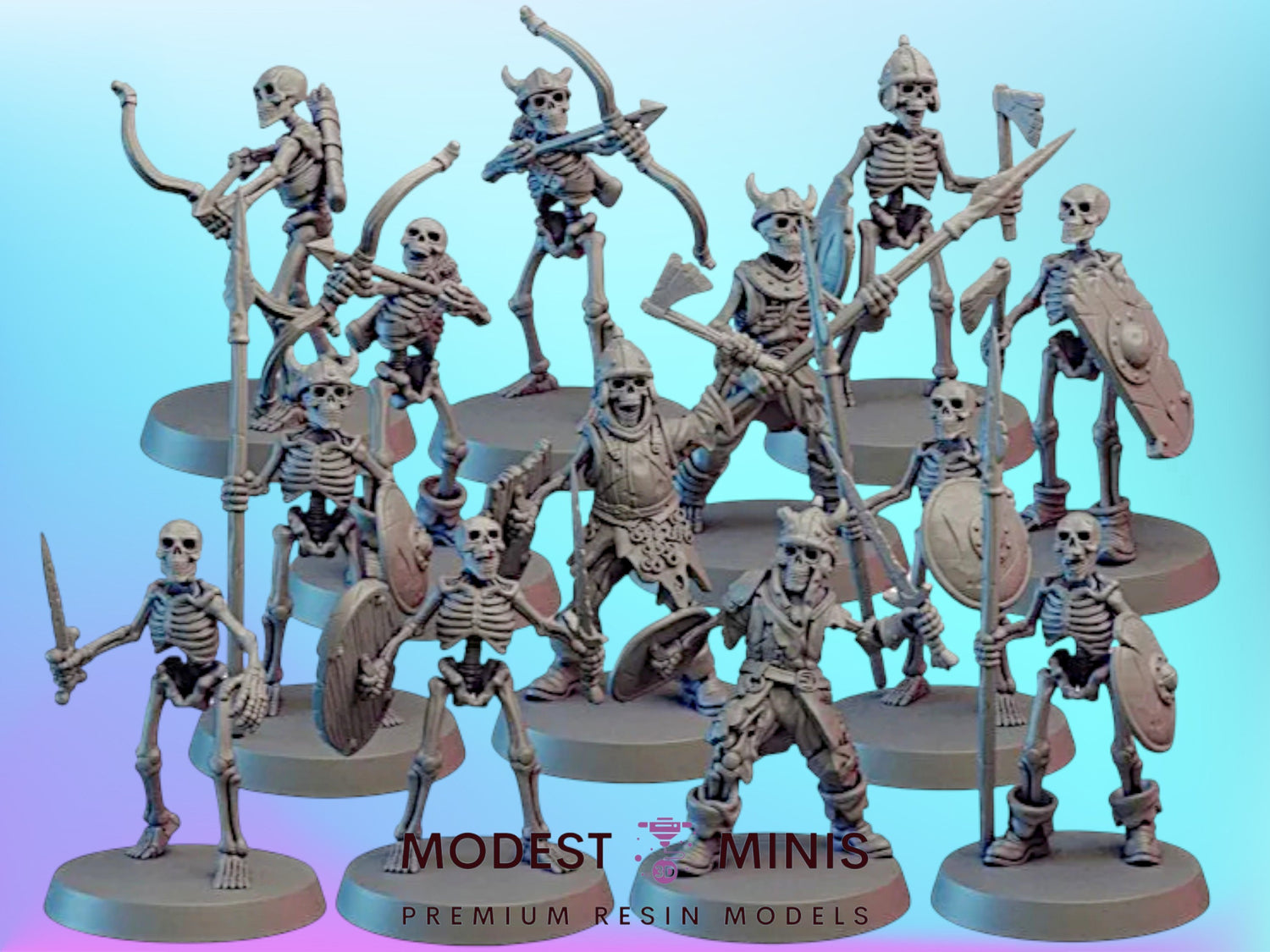 a collection of miniature figures, likely representing characters from a fantasy or science fiction setting. The figures are posed in various stances and are equipped with weapons, such as swords and spears. The image is described as a "collage of multiple images" and "MINI PREMIUM RESIN MODELS", indicating that it is a collection of high-quality, detailed miniature figures.