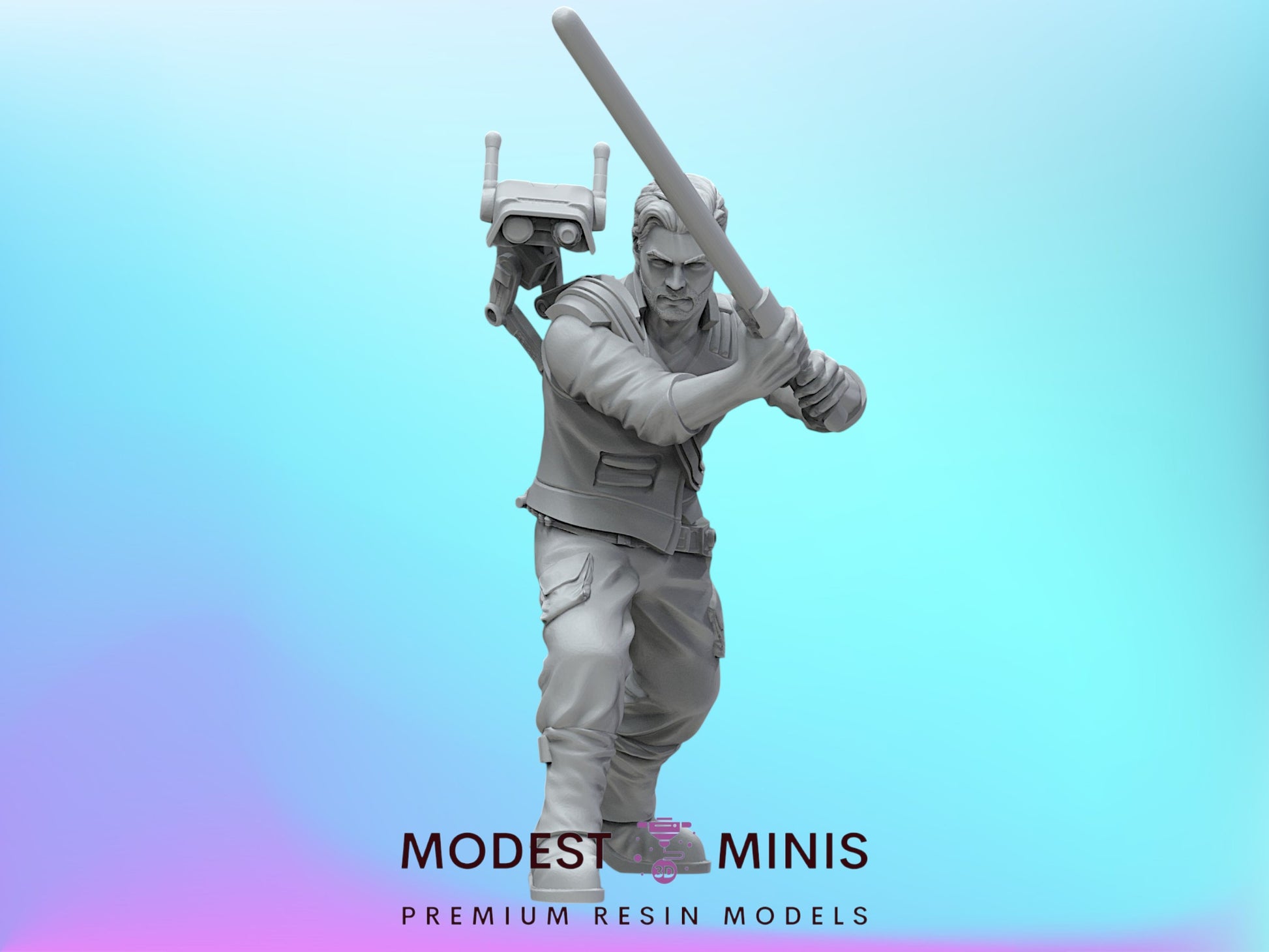 A 3D model of a character holding a weapon, standing in a fighting stance, against a blue background.