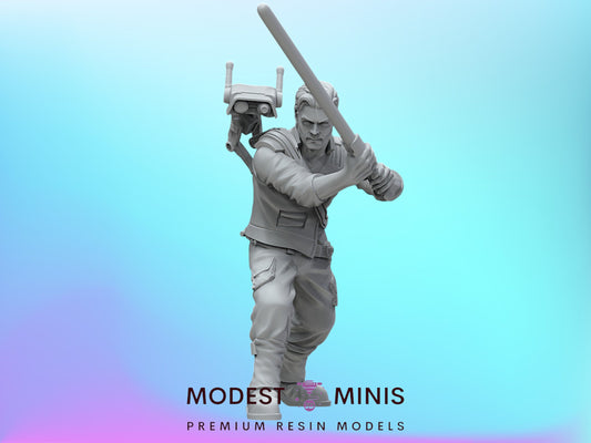 A 3D model of a character holding a weapon, standing in a fighting stance, against a blue background.