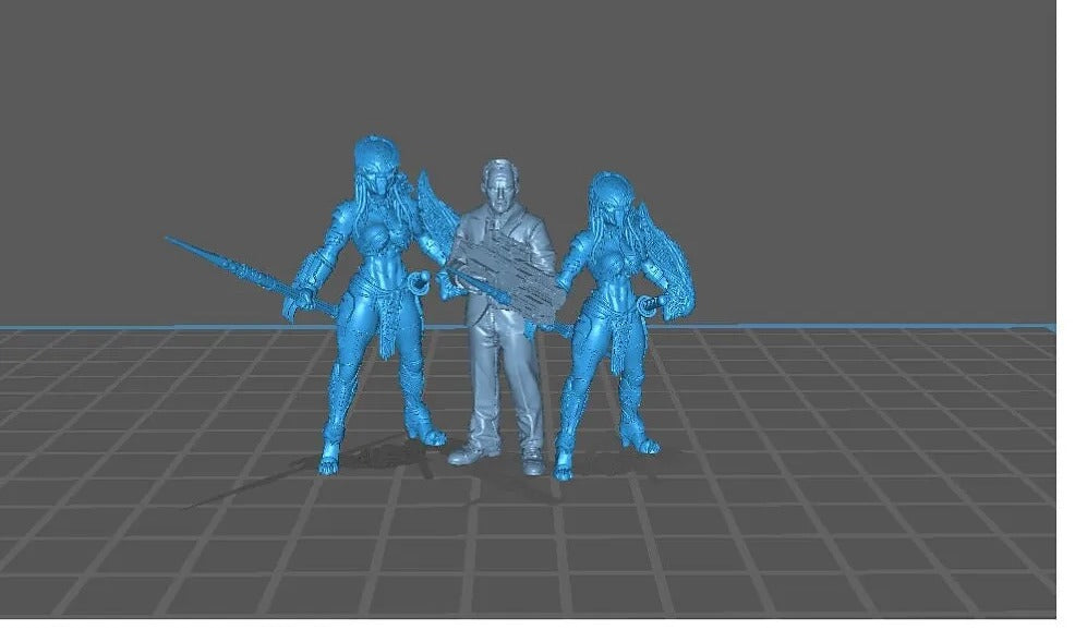 three blue figures standing on a grid-like surface.