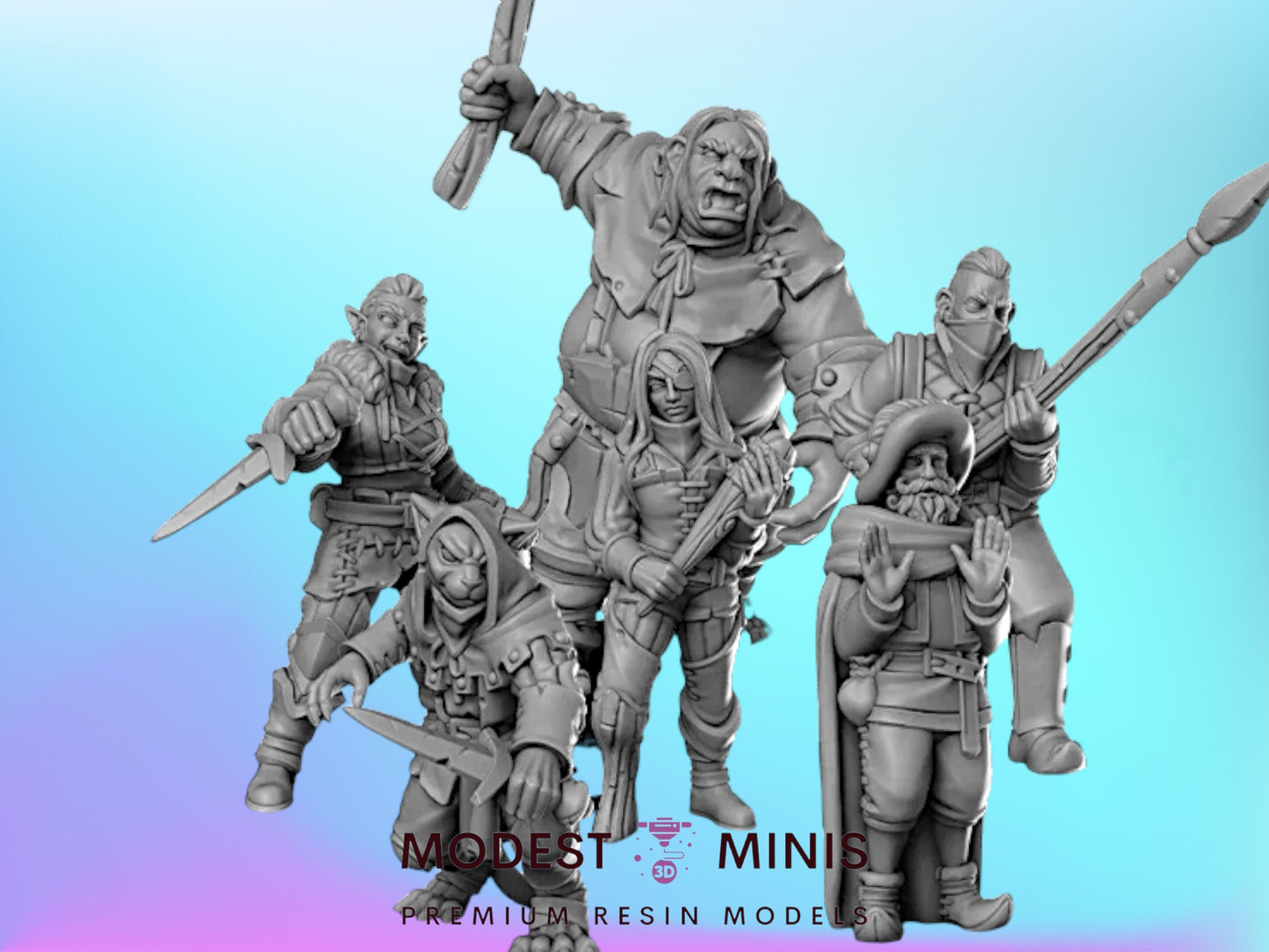 five fantasy minifigures posed together, each holding various weapons and accessories, against a blue background.