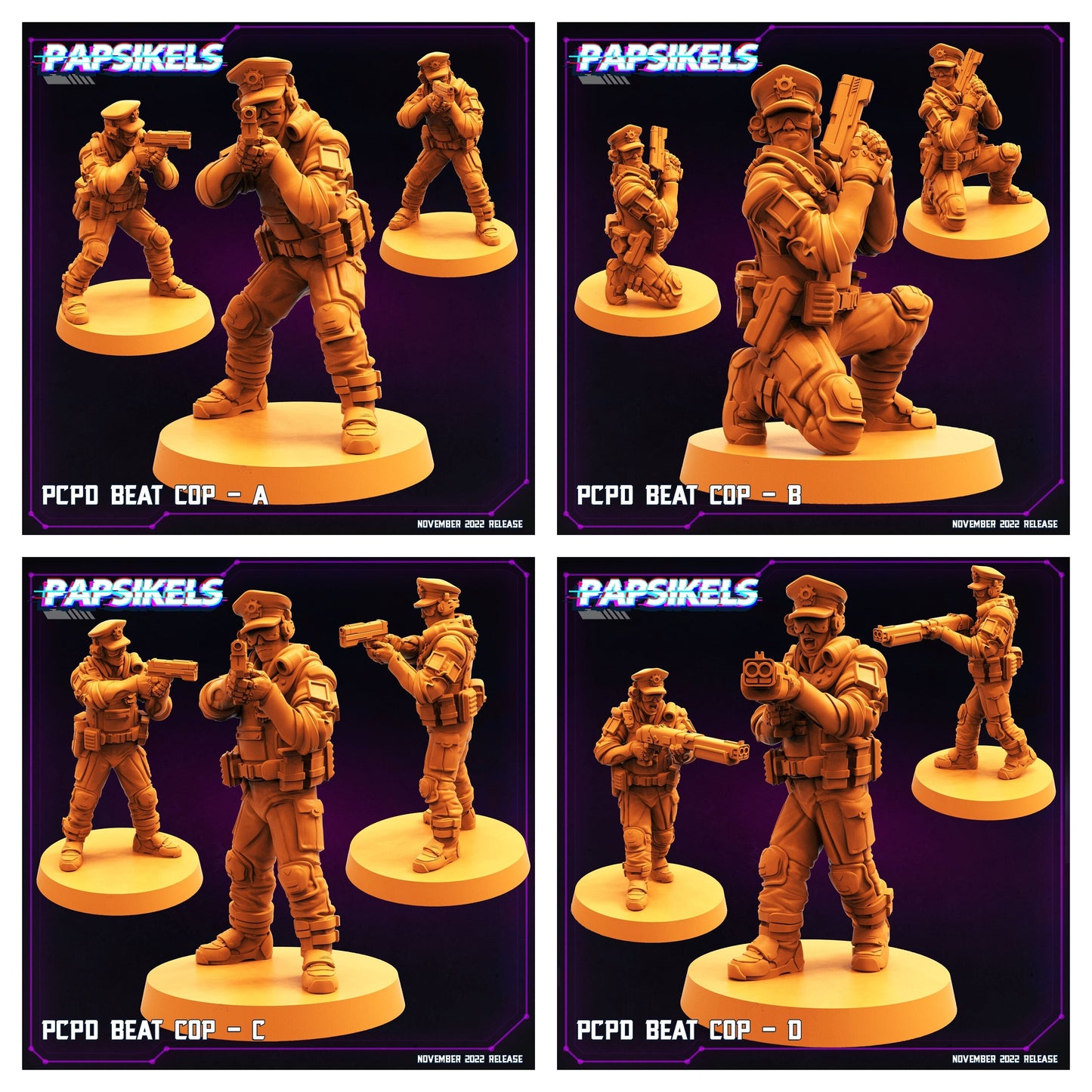 4pc PCPD Beat Cops - 32mm Scale Alien Miniature | RPG | Sci fi | Cyberpunk | Role Playing | DnD | Papsikel
