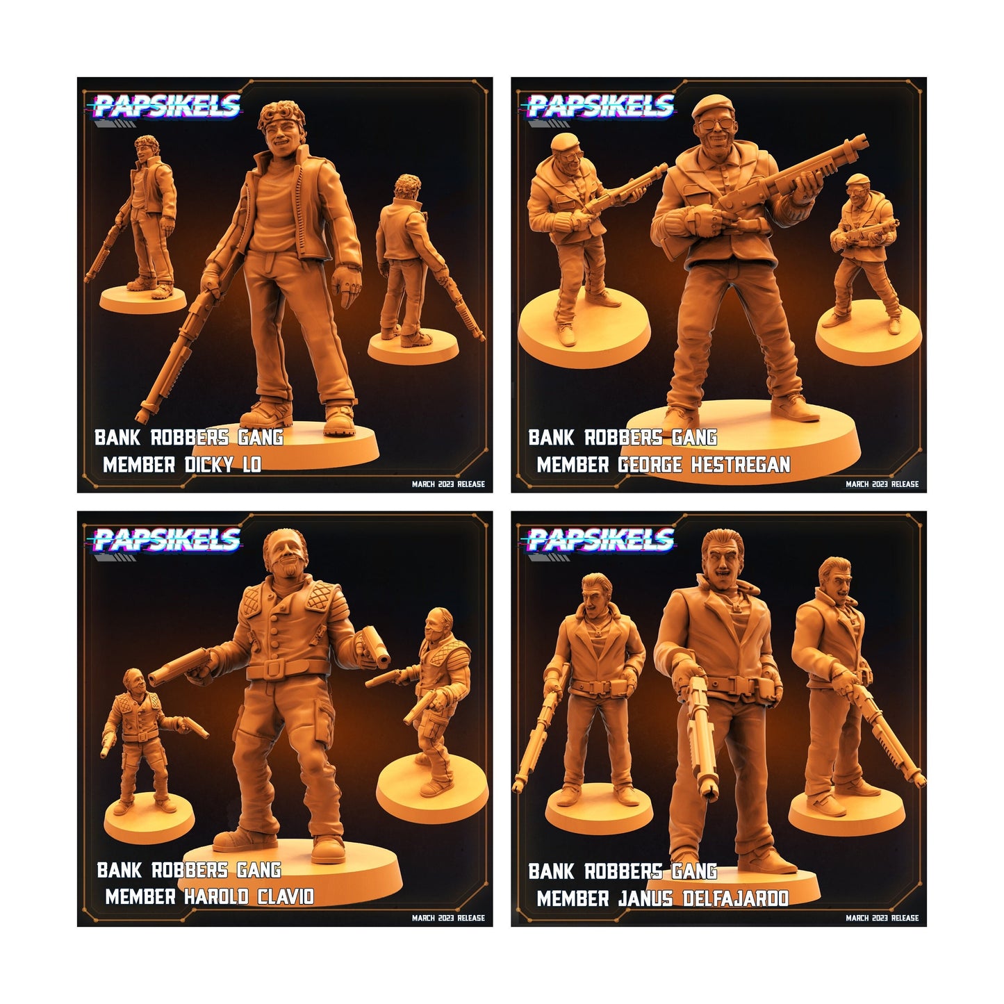 4pc Corpo Cops Bank Robbers - 32mm Scale Miniature | RPG | Sci fi | Cyberpunk | Role Playing | Corpo Cops | Papsikel