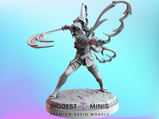 A 3D model of a female character with wings, holding a weapon, and standing on a pedestal.