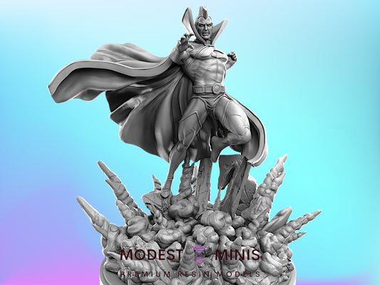 A 3D model of a superhero statue with a cape and a determined expression, standing on a platform surrounded by a cloud of debris.