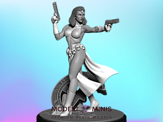 A 3D model of a female character holding a gun and standing on a platform.
